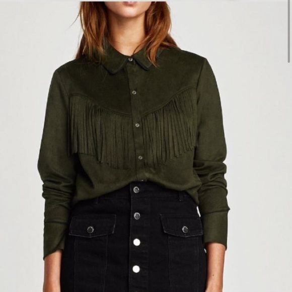 Zara Faux Suede Green Fringe Button Down Lightweight Jacket Shirt sz XS - Picture 2 of 9